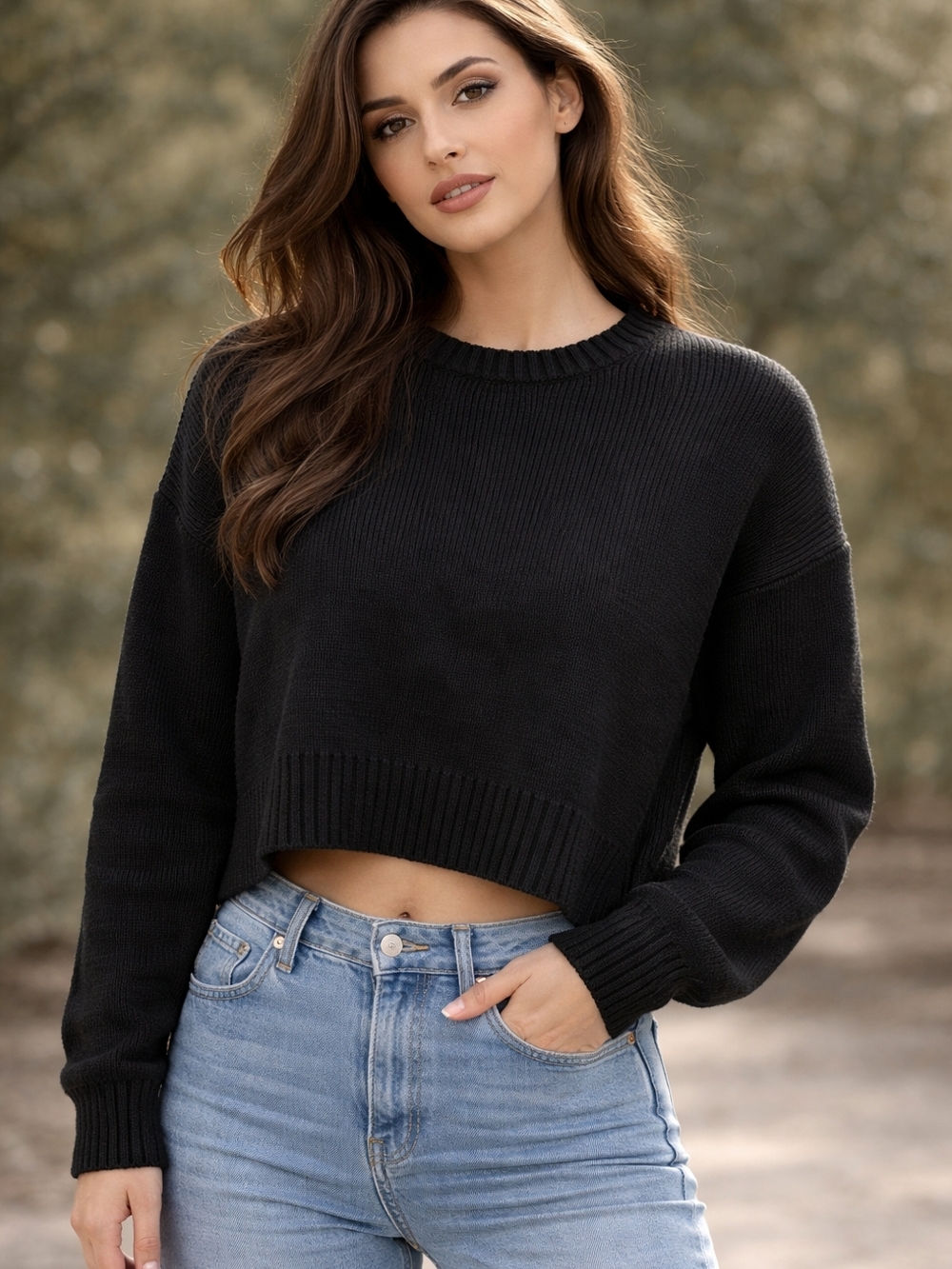 KBB Women's Black Crewneck Ribbed Sweater